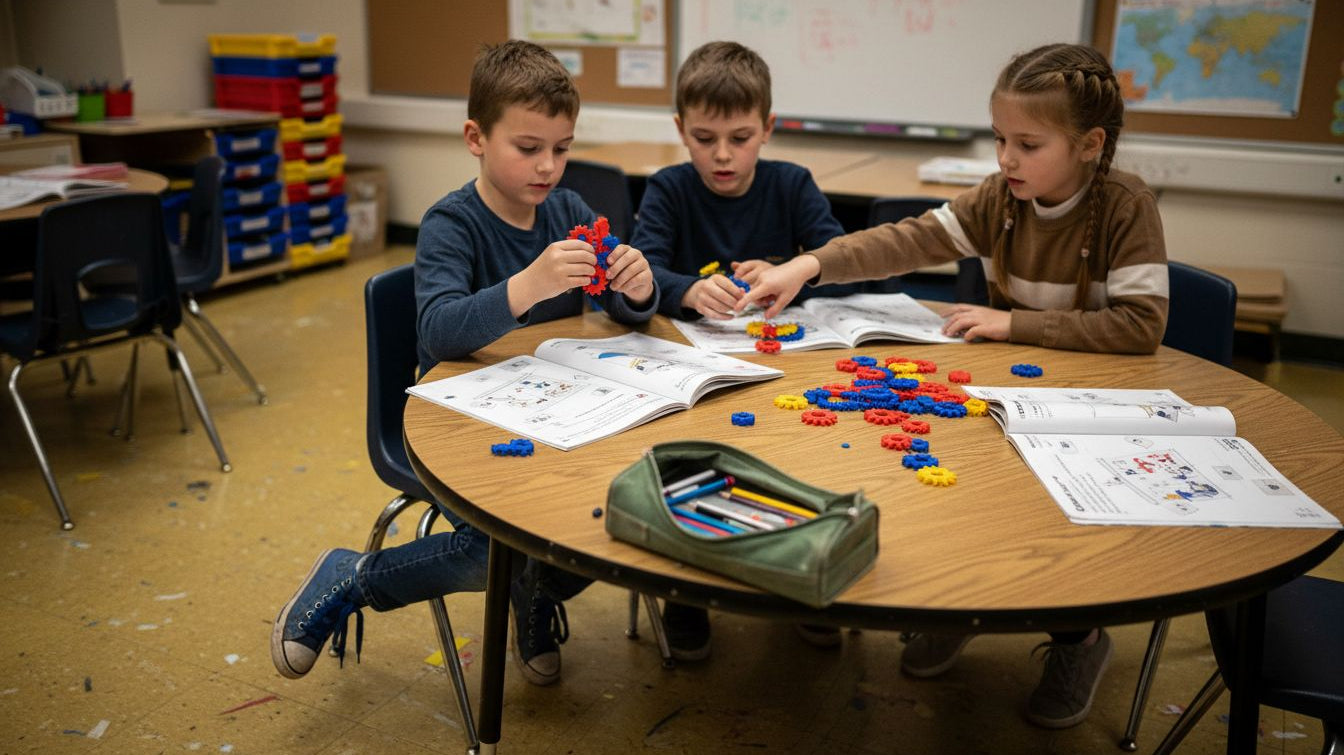 Children assembling science kits in classroom
