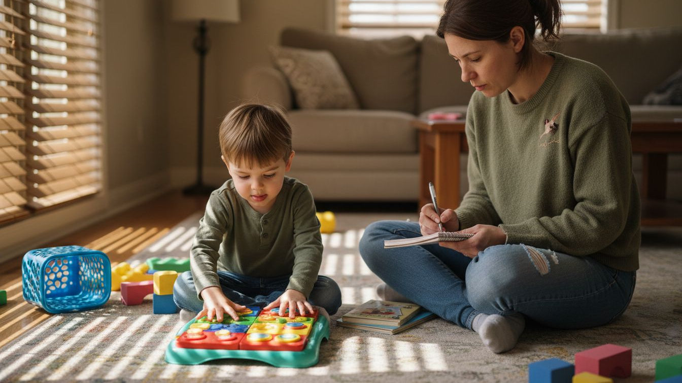 Child exploring sensory toy in cozy family room