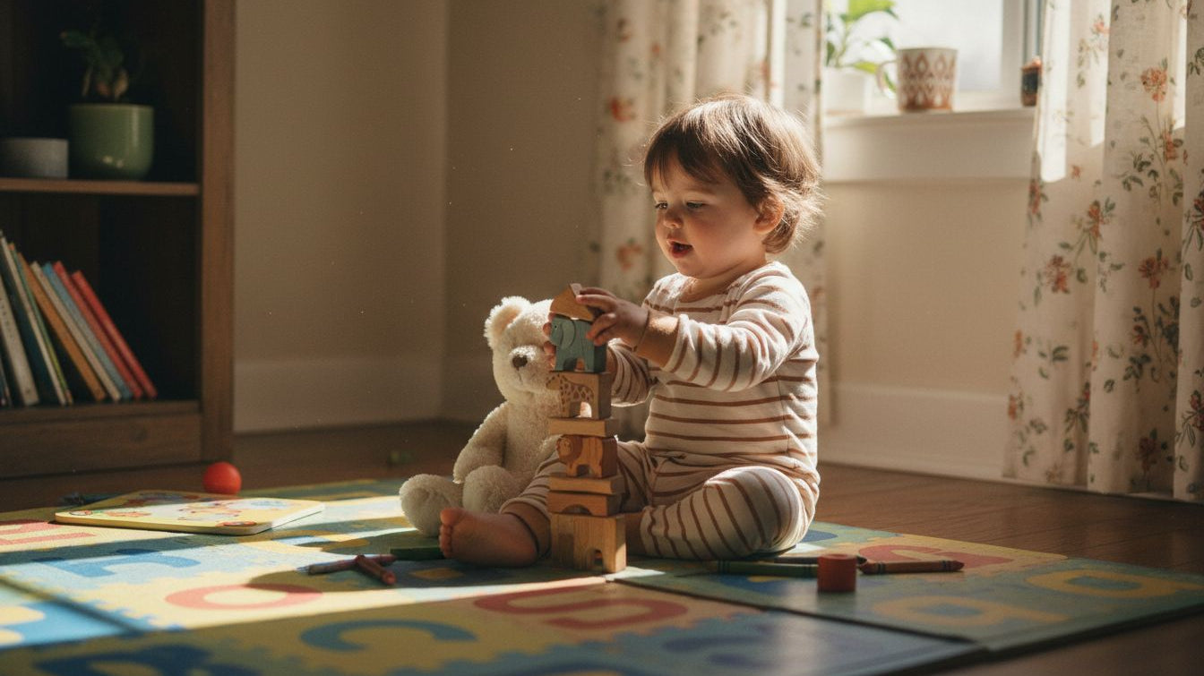 Toddler playing with toys practicing speech