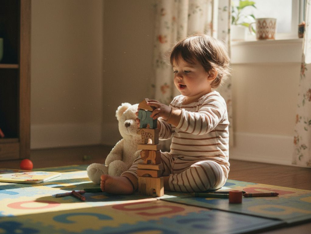 Toddler playing with toys practicing speech
