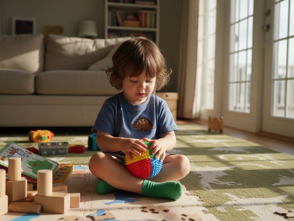 Child playing with sensory toys in bright living room