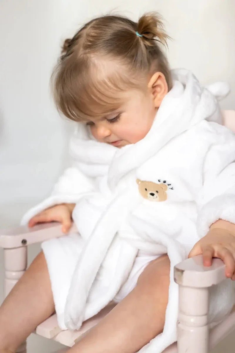 COZY Bear Hooded Dressing Gown Bear Ears - White – Bathrobes & Towels for children, available at Learning Bugs UK