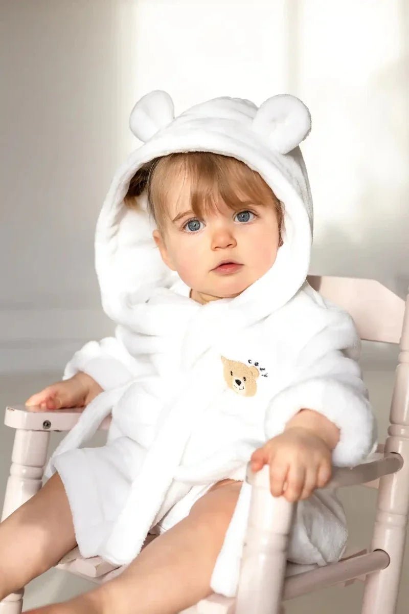 COZY Bear Hooded Dressing Gown Bear Ears - White – Bathrobes & Towels for children, available at Learning Bugs UK