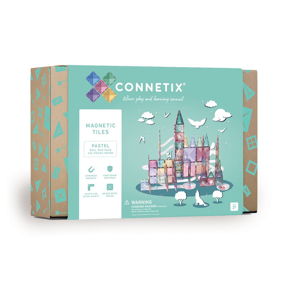 Connetix Magnetic Tiles 106 Piece Pastel Ball Run Pack – Magnetic Tiles for children, available at Learning Bugs UK