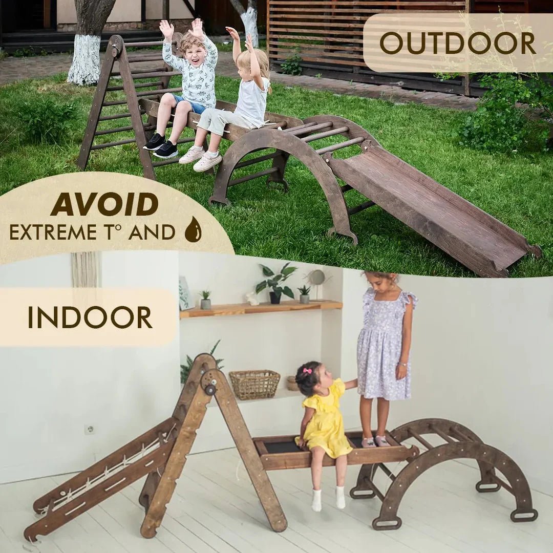 Goodevas 5in1 Montessori Climbing Frame with Slide & Net – Chocolate – 5in1 Playsets for children, available at Learning Bugs UK