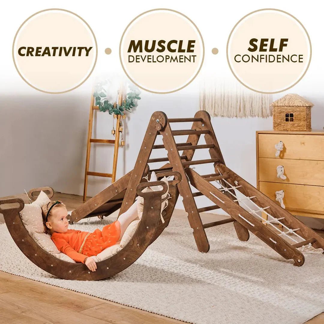 Goodevas 5in1 Montessori Climbing Frame with Slide & Net – Chocolate – 5in1 Playsets for children, available at Learning Bugs UK