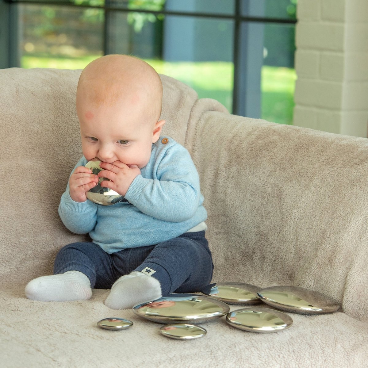 Sensory Steel Silver Buttons – Baby Toys & Activity Equipment for children, available at Learning Bugs UK