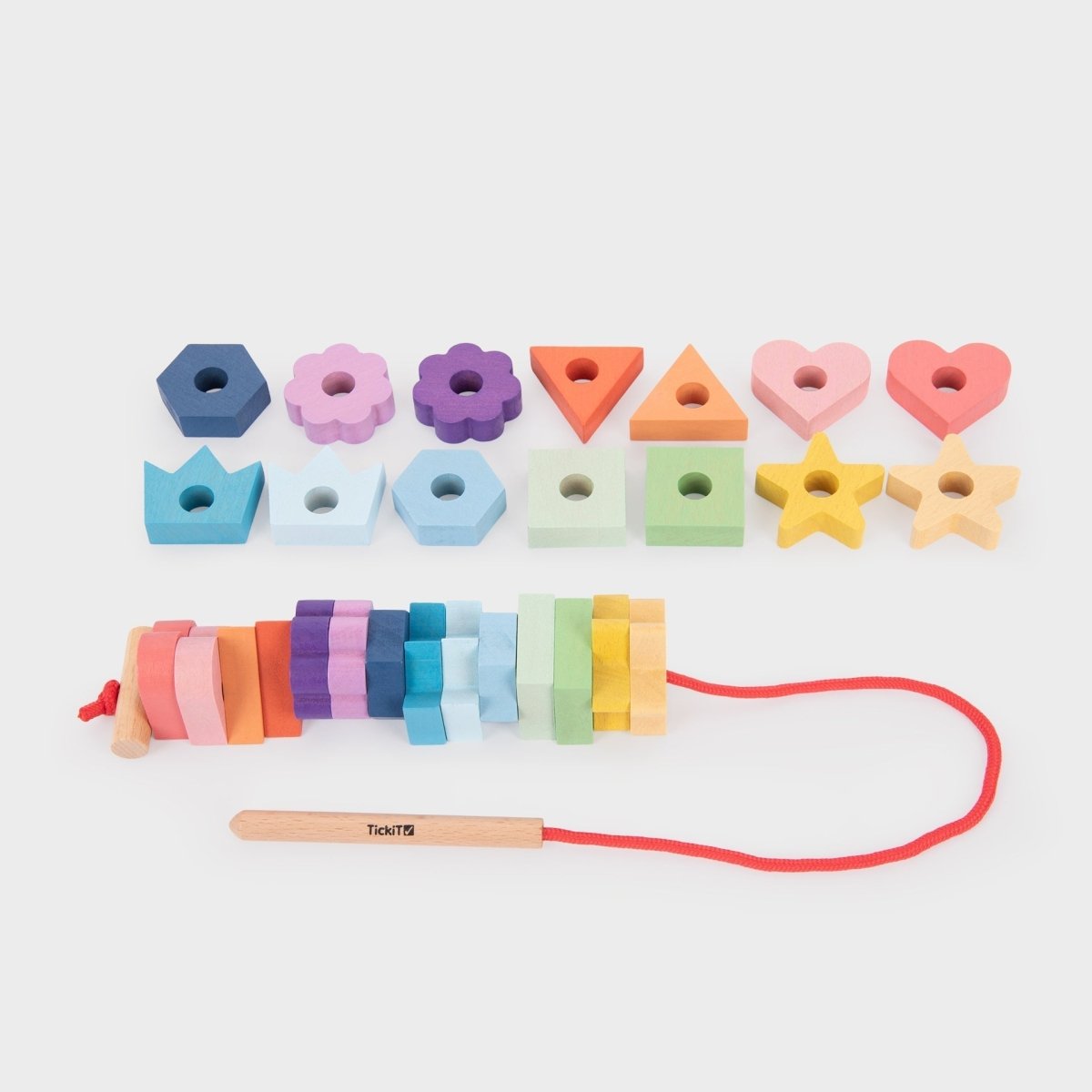 Rainbow Wooden Lacing Shapes – Baby Toys & Activity Equipment for children, available at Learning Bugs UK