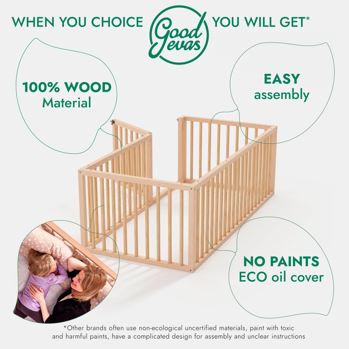 Goodevas Montessori Floor Bed with Fence – Beds for children, available at Learning Bugs UK