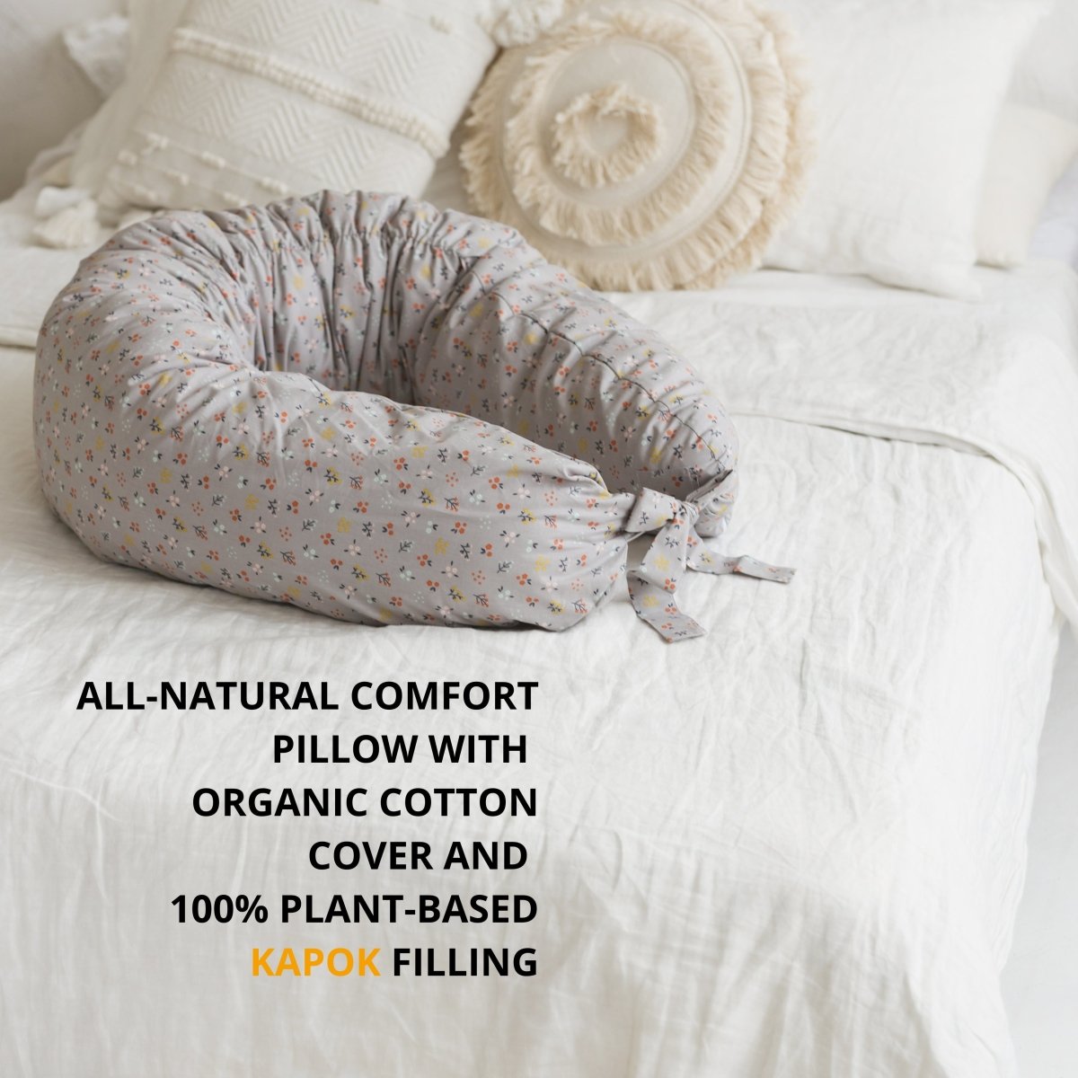 MINICAMP C-Shape Nursing & Pregnancy Pillow with Organic Grey Cover | Kapok & Latex Blend or PES Filling – Nursing Pillows for children, available at Learning Bugs UK