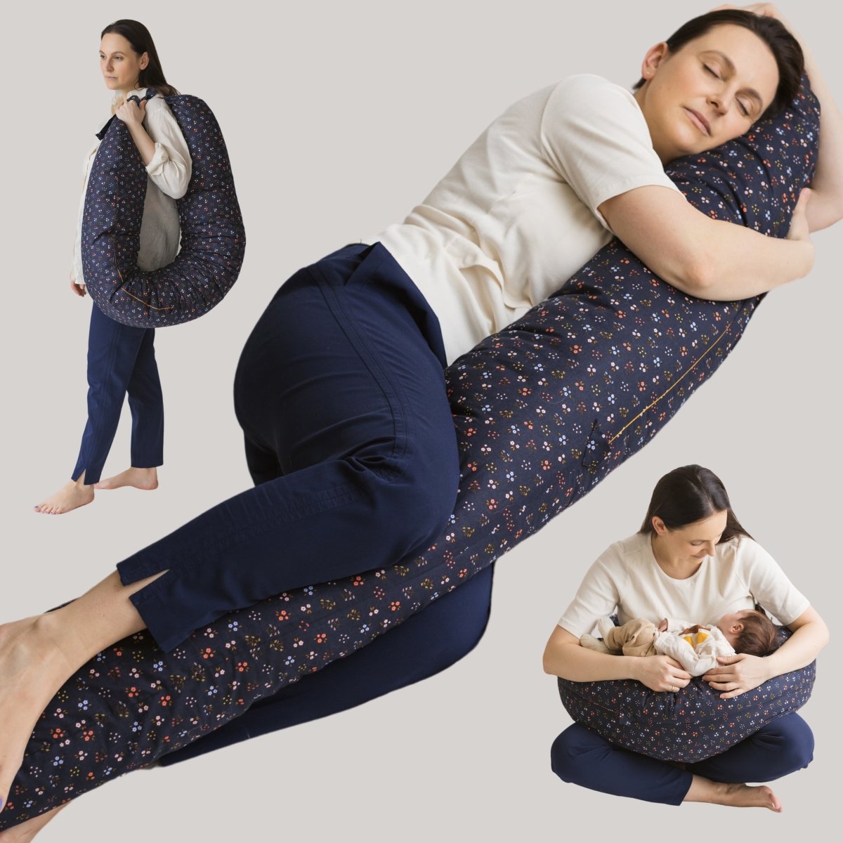 MINICAMP C-Shape Nursing & Pregnancy Pillow with Organic Navy Blue Cover | Kapok & Latex Blend or PES Filling – Nursing Pillows for children, available at Learning Bugs UK