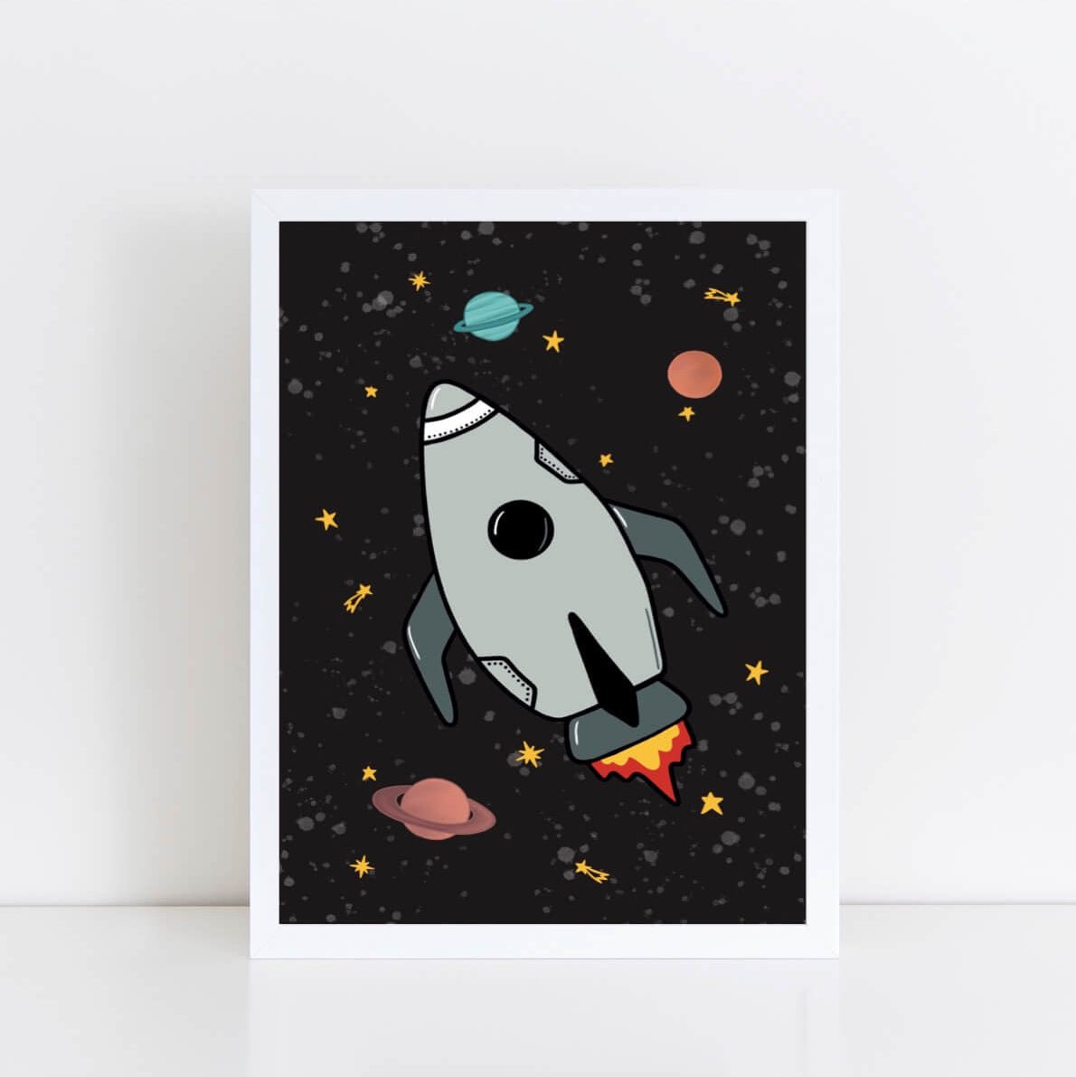 Space Rocket 1 print - black background – for children, available at Learning Bugs UK