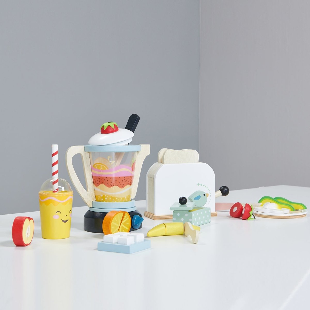 Breakfast Bundle (Toaster Set, Fruity Blender Set) – Wooden toy blender and toaster for children, available at Learning Bugs UK
