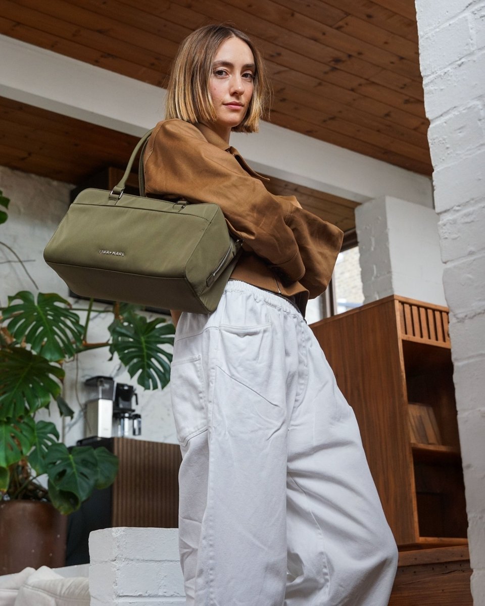Riley Compact East-West Changing Bag Olive Woven – Compact Changing Bag for children, available at Learning Bugs UK