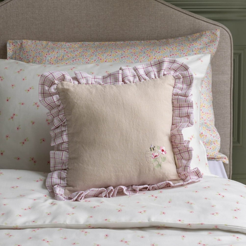 Square Linen Frill Cushion - Pink Check – for children, available at Learning Bugs UK