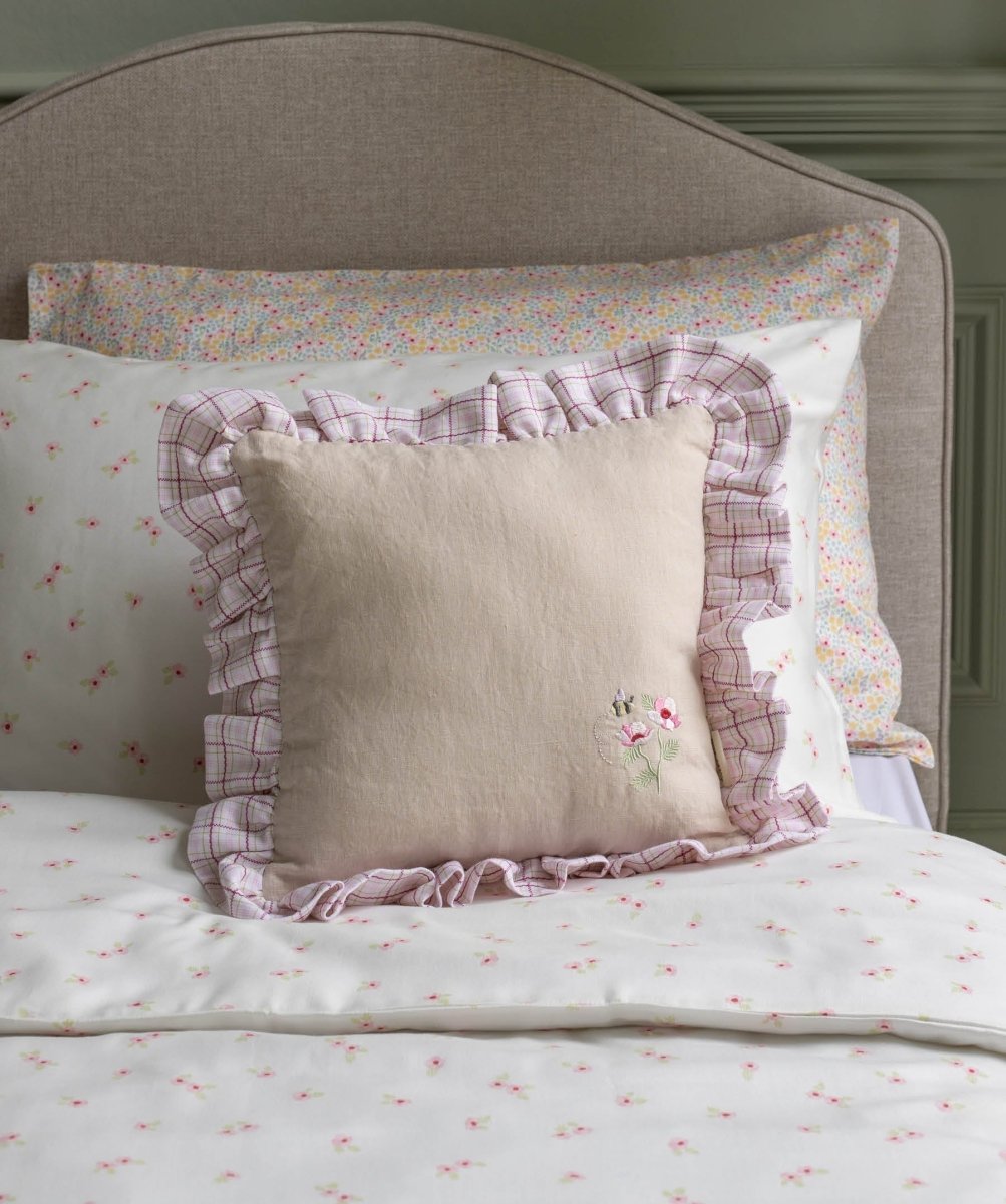 Square Linen Frill Cushion - Pink Check – for children, available at Learning Bugs UK