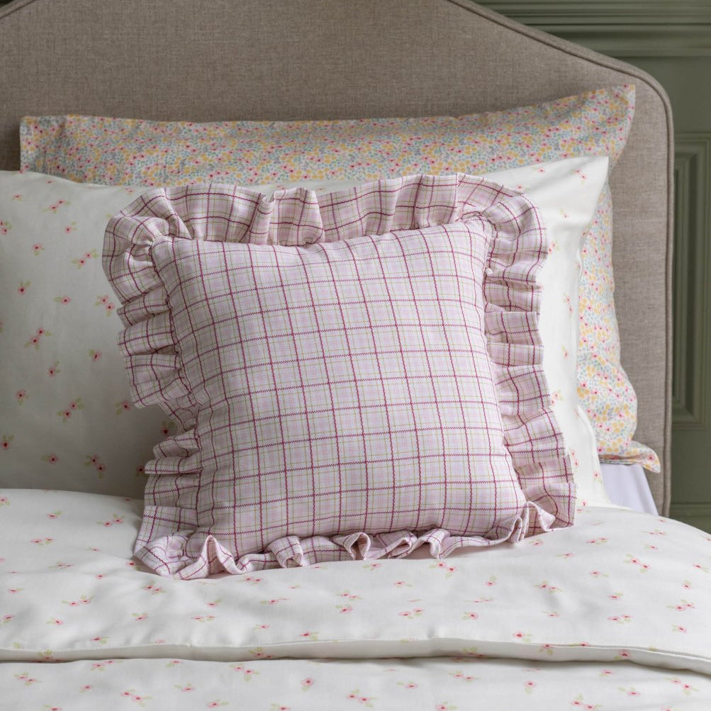 Square Linen Frill Cushion - Pink Check – for children, available at Learning Bugs UK