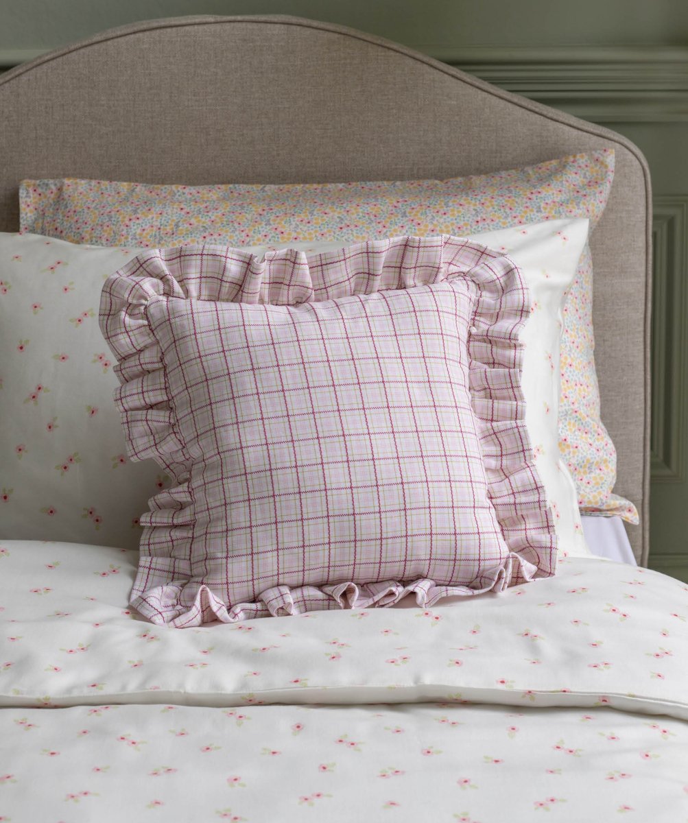 Square Linen Frill Cushion - Pink Check – for children, available at Learning Bugs UK