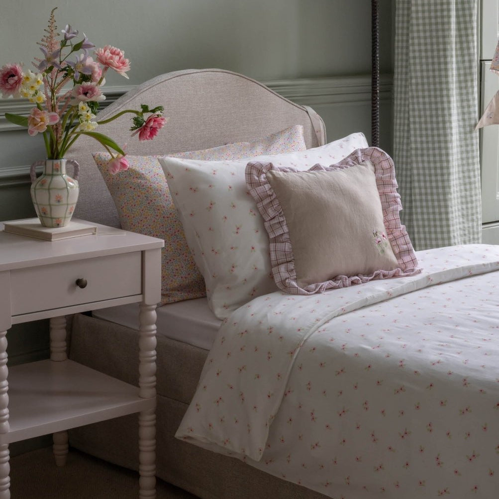 Square Linen Frill Cushion - Pink Check – for children, available at Learning Bugs UK
