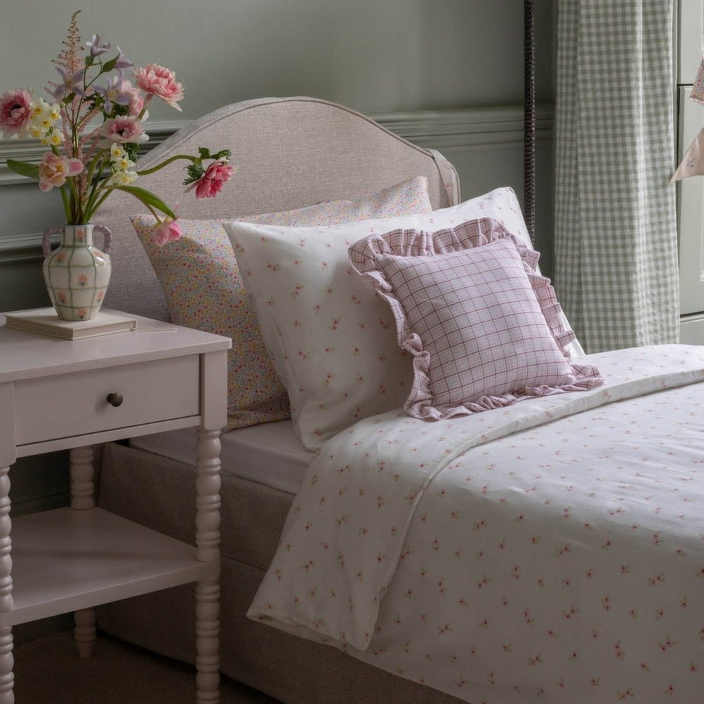 Square Linen Frill Cushion - Pink Check – for children, available at Learning Bugs UK