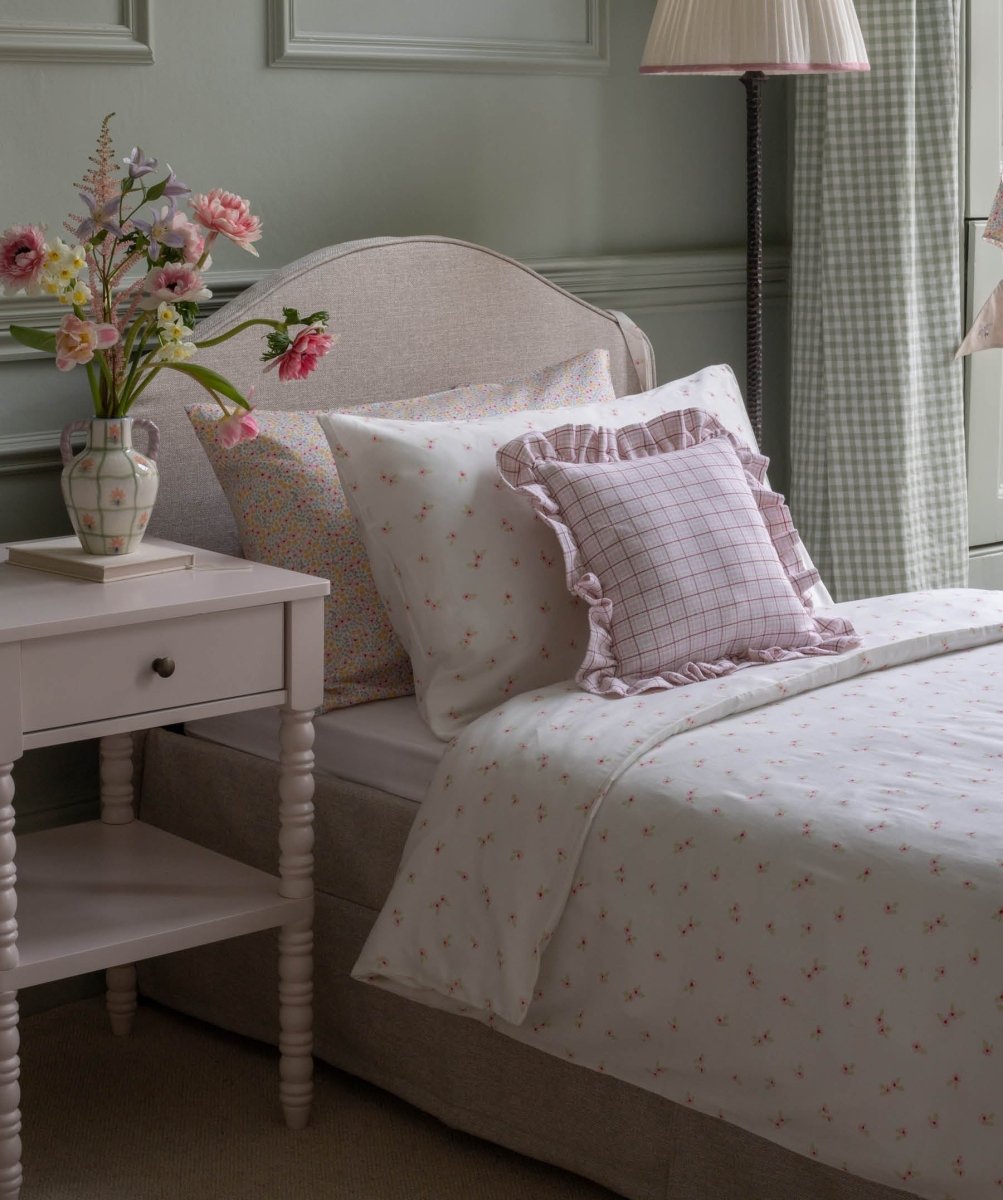 Square Linen Frill Cushion - Pink Check – for children, available at Learning Bugs UK