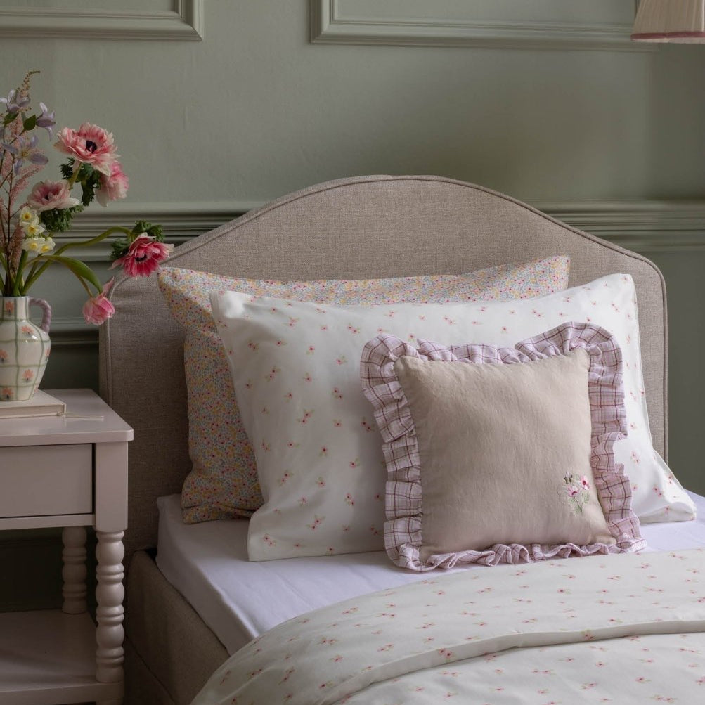 Square Linen Frill Cushion - Pink Check – for children, available at Learning Bugs UK