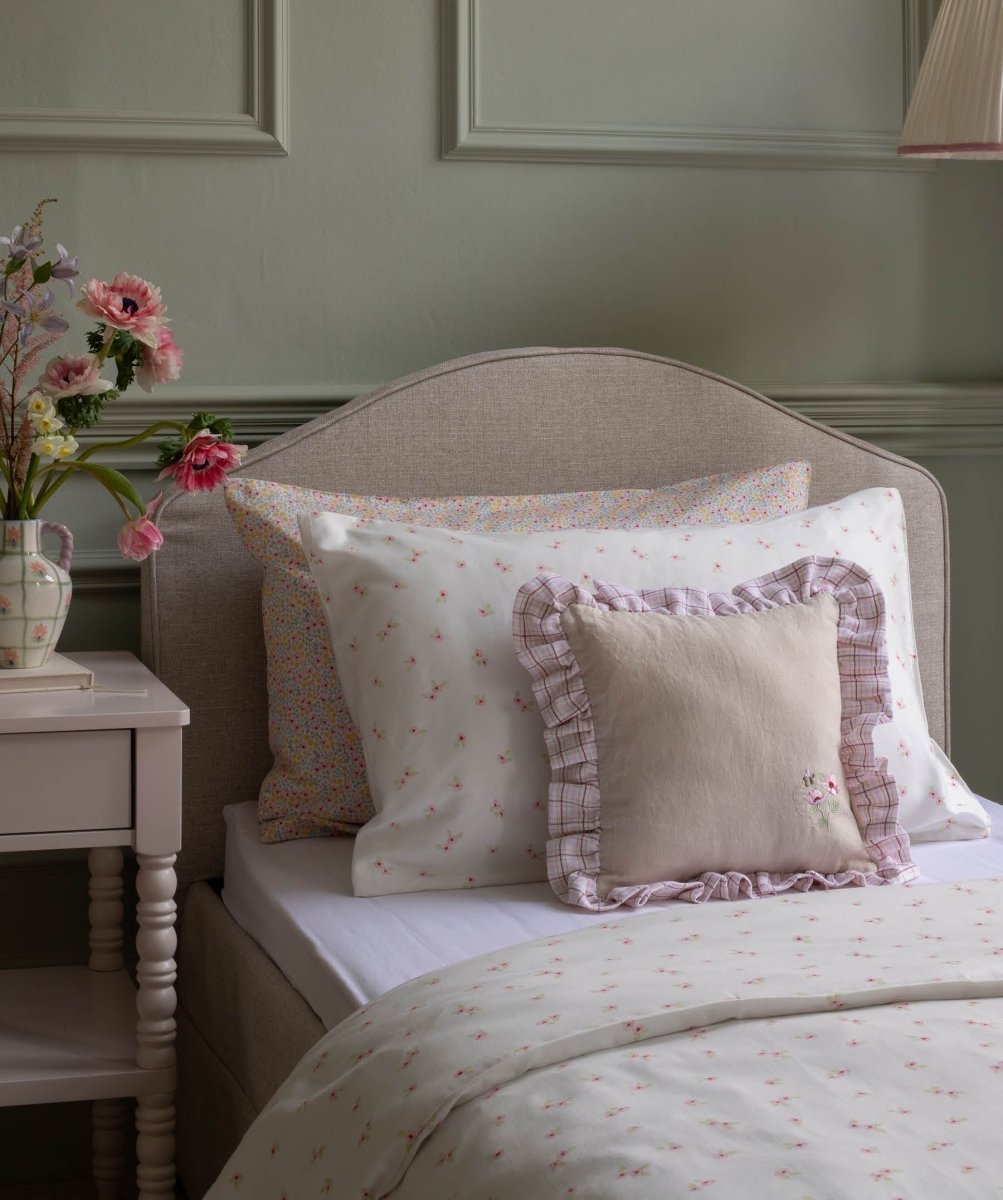 Square Linen Frill Cushion - Pink Check – for children, available at Learning Bugs UK