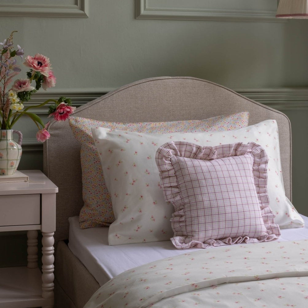 Square Linen Frill Cushion - Pink Check – for children, available at Learning Bugs UK