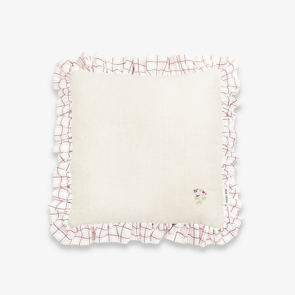 Square Linen Frill Cushion - Pink Check – for children, available at Learning Bugs UK
