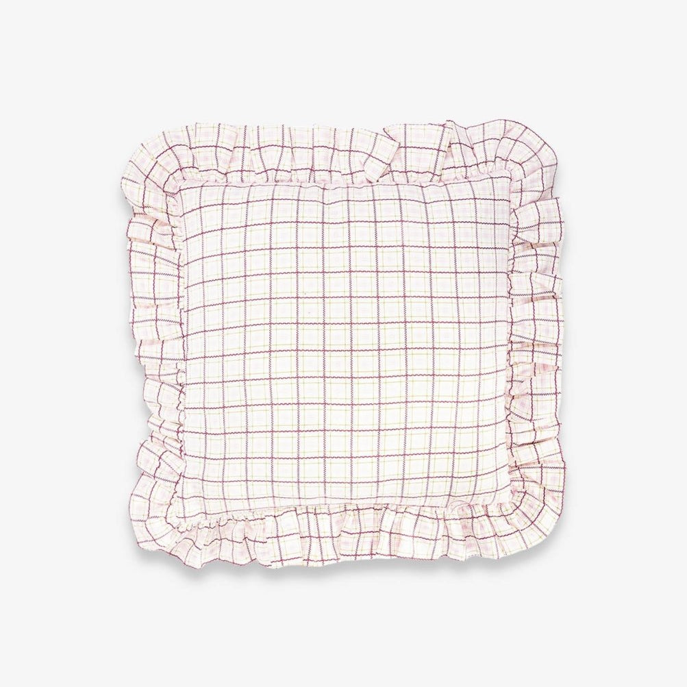 Square Linen Frill Cushion - Pink Check – for children, available at Learning Bugs UK
