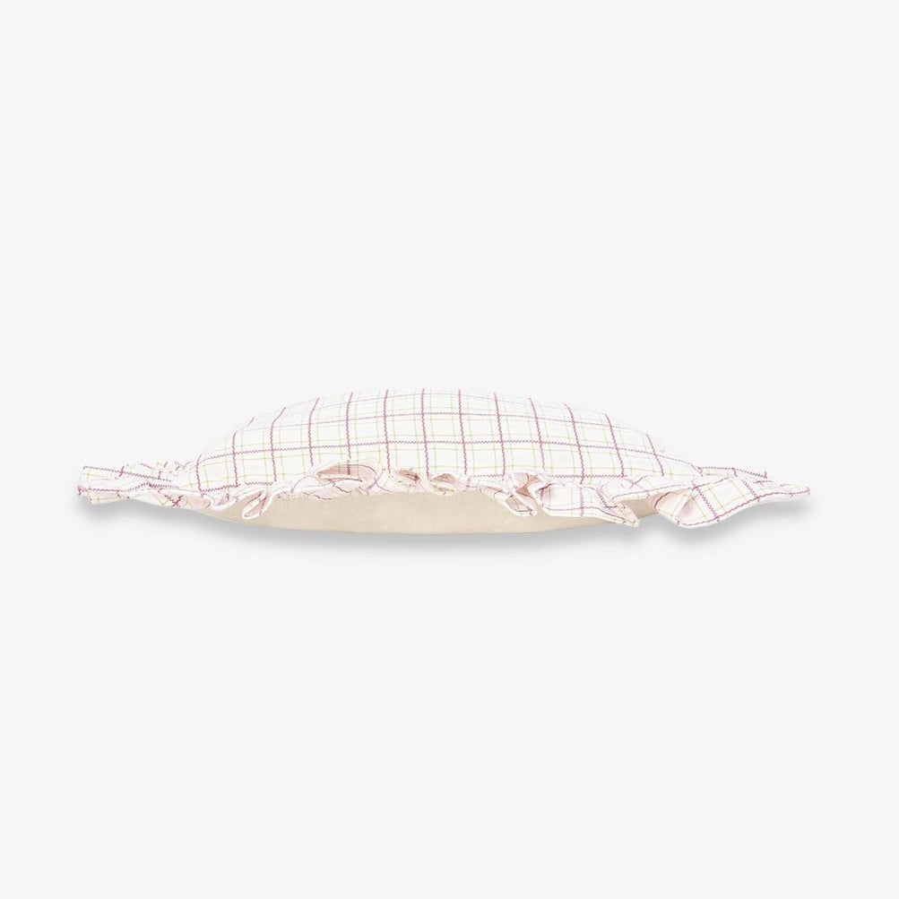 Square Linen Frill Cushion - Pink Check – for children, available at Learning Bugs UK