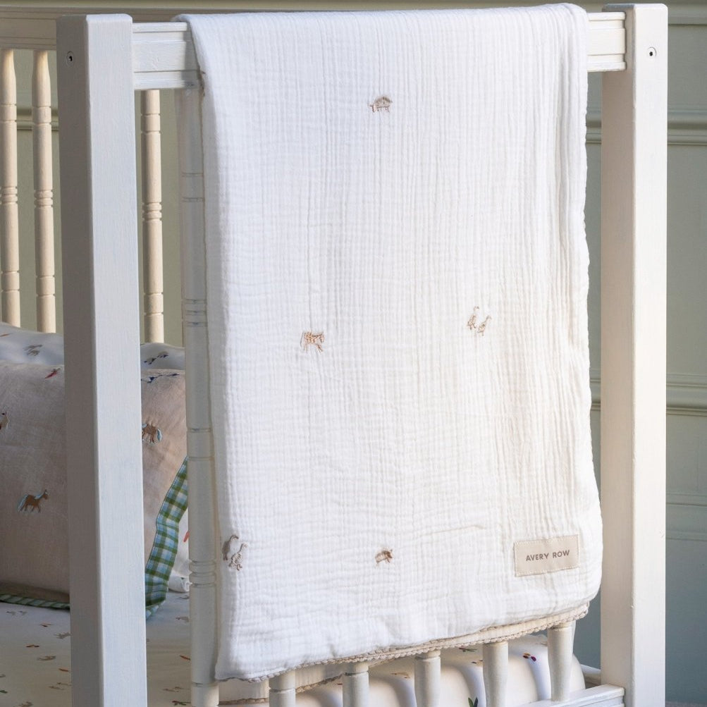 Embroidered Muslin Blanket - Little Farm – Blankets for children, available at Learning Bugs UK