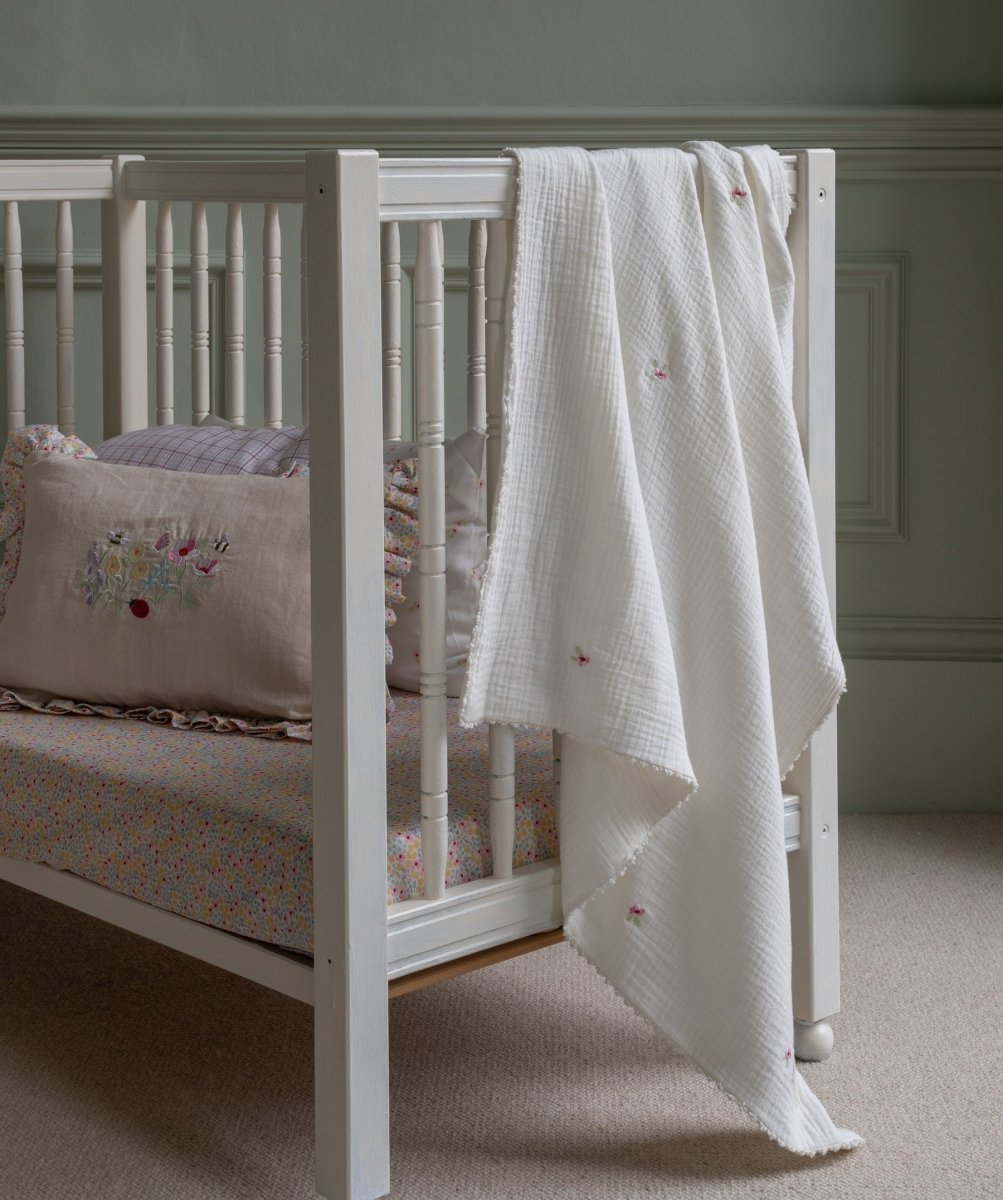 Embroidered Muslin Blanket - Anemone – Blankets for children, available at Learning Bugs UK