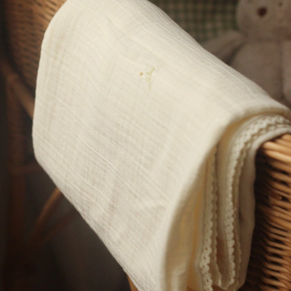 Embroidered Muslin blanket - Wild Chamomile – Blankets for children, available at Learning Bugs UK