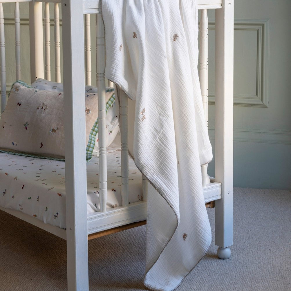 Embroidered Muslin Blanket - Little Farm – Blankets for children, available at Learning Bugs UK