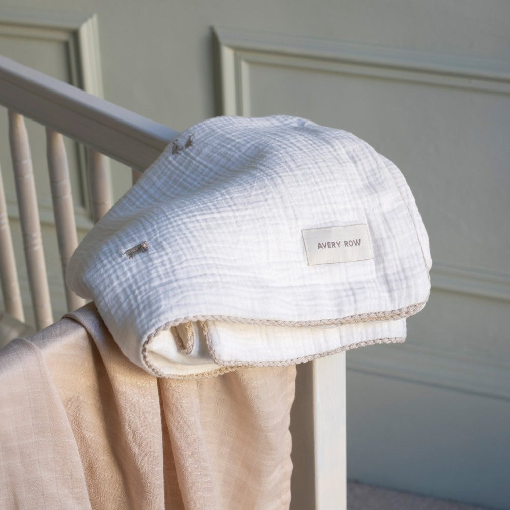 Embroidered Muslin Blanket - Little Farm – Blankets for children, available at Learning Bugs UK
