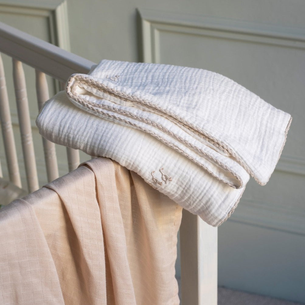 Embroidered Muslin Blanket - Little Farm – Blankets for children, available at Learning Bugs UK