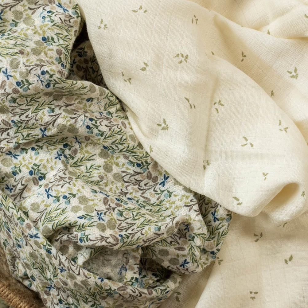 Extra Large Organic Baby Muslins, Set of 2 - Riverbank / Nettle Scatter – for children, available at Learning Bugs UK