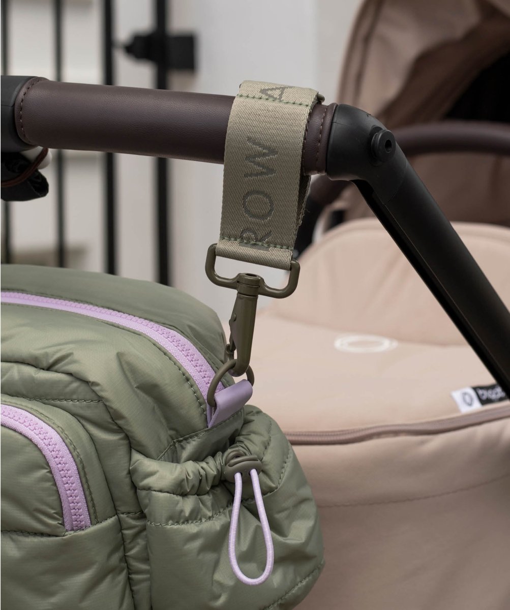 Logo Pram Bag Clips - Olive – Changing Bags & Travel Changing Mats for children, available at Learning Bugs UK