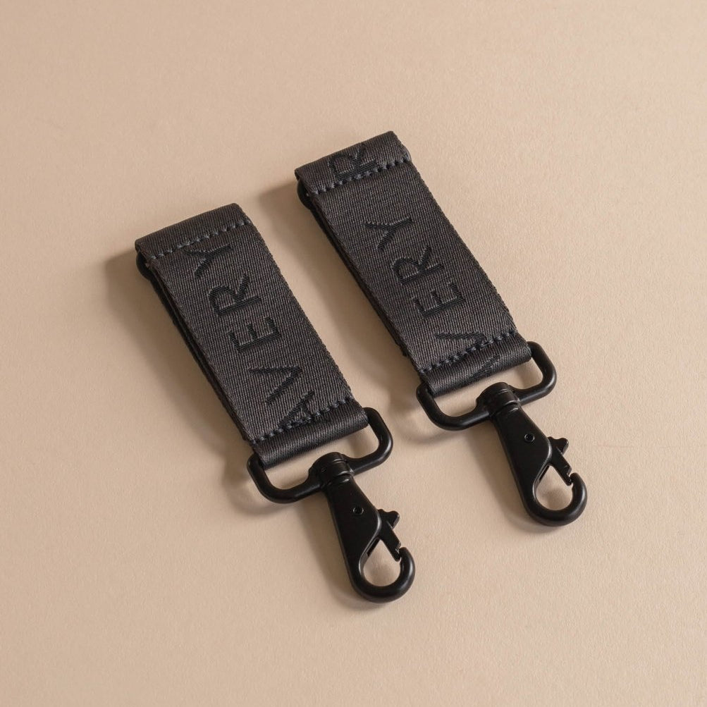 Logo Pram Bag Clips - Soft Black – Changing Bags & Travel Changing Mats for children, available at Learning Bugs UK
