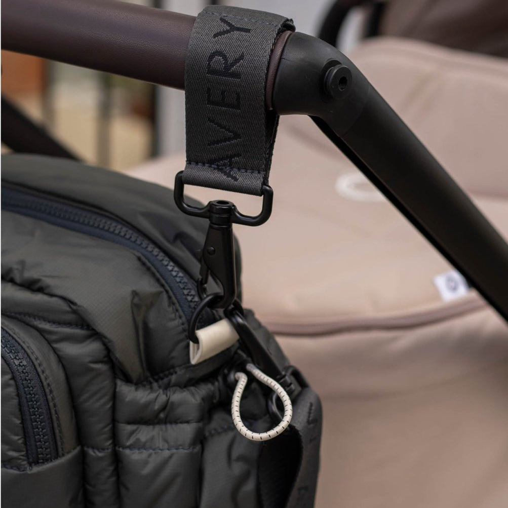Logo Pram Bag Clips - Soft Black – Changing Bags & Travel Changing Mats for children, available at Learning Bugs UK