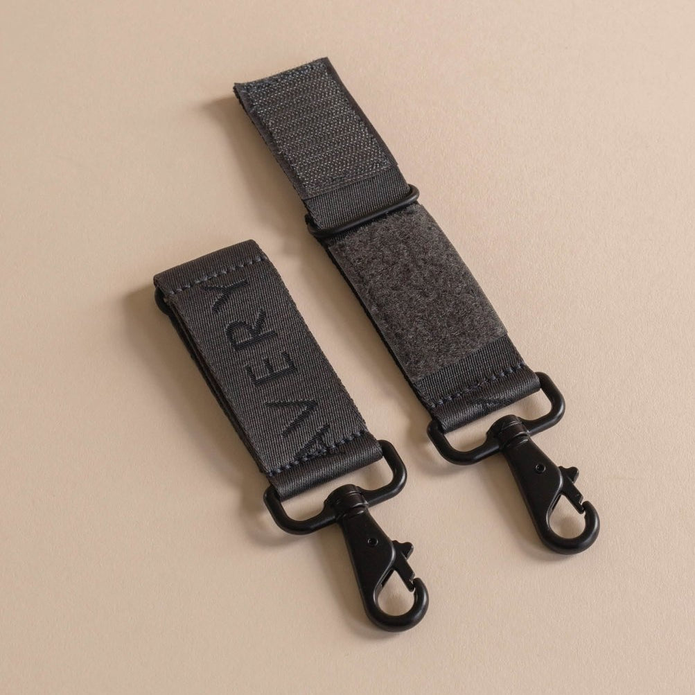 Logo Pram Bag Clips - Soft Black – Changing Bags & Travel Changing Mats for children, available at Learning Bugs UK