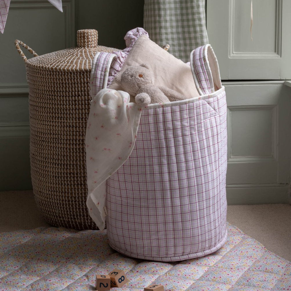 Large Quilted Storage Basket - Anemone / Pink Check – Storage for children, available at Learning Bugs UK