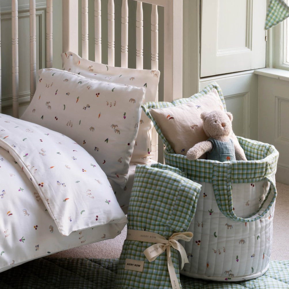 Large Quilted Storage Basket - Greenhouse Gingham / Little Farm – Storage for children, available at Learning Bugs UK