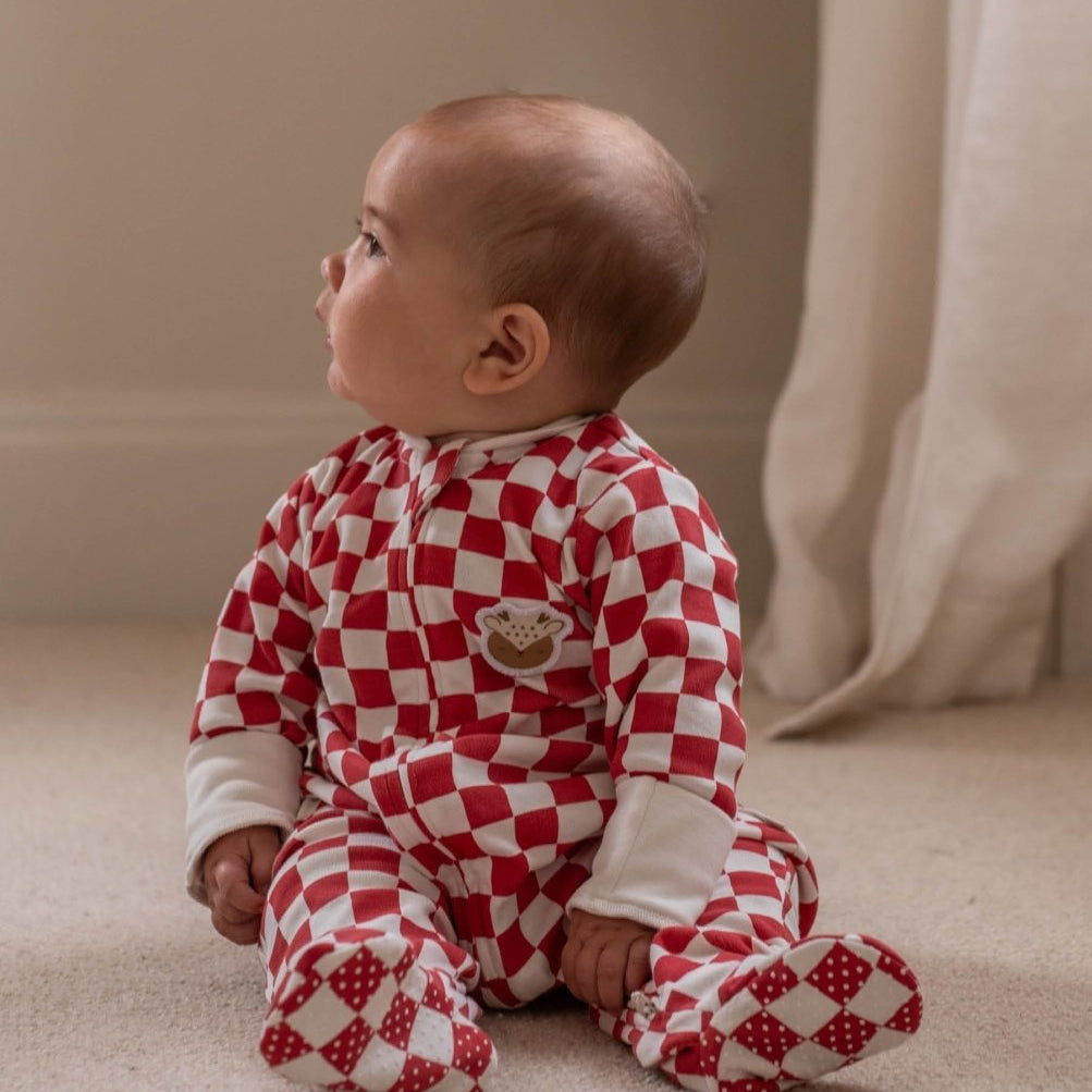 Avery Row Christmas Baby Jersey Sleepsuit - Red Checkerboard – Baby Clothing for children, available at Learning Bugs UK