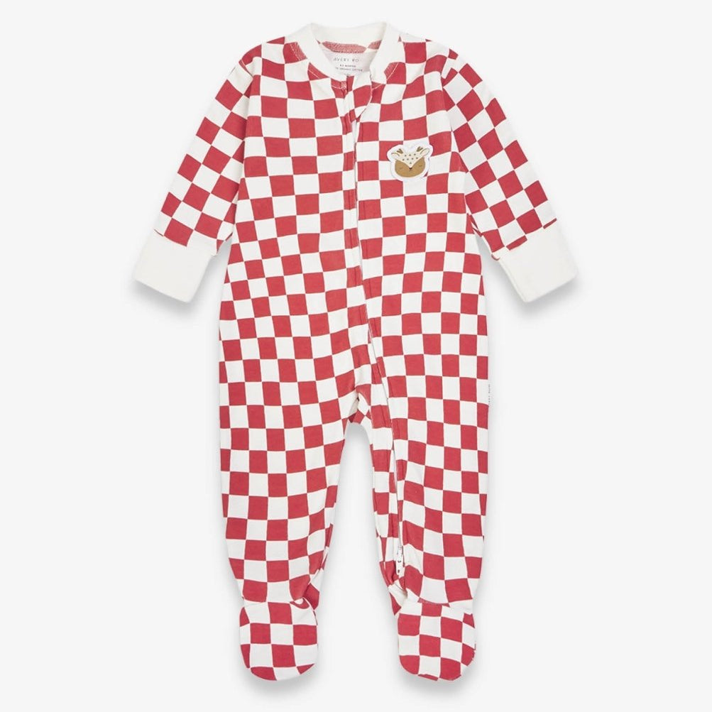 Avery Row Christmas Baby Jersey Sleepsuit - Red Checkerboard – Baby Clothing for children, available at Learning Bugs UK