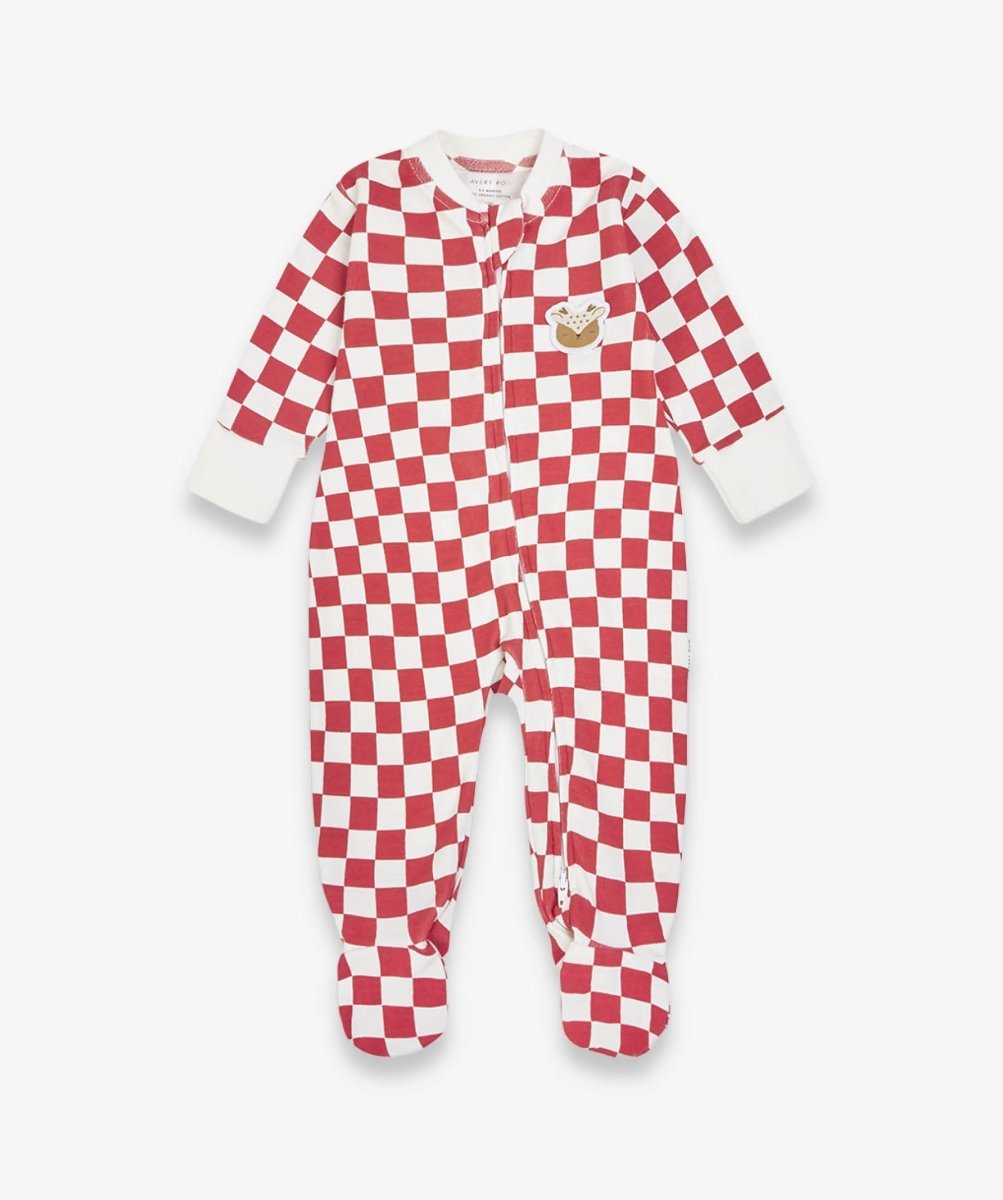 Avery Row Christmas Baby Jersey Sleepsuit - Red Checkerboard – Baby Clothing for children, available at Learning Bugs UK