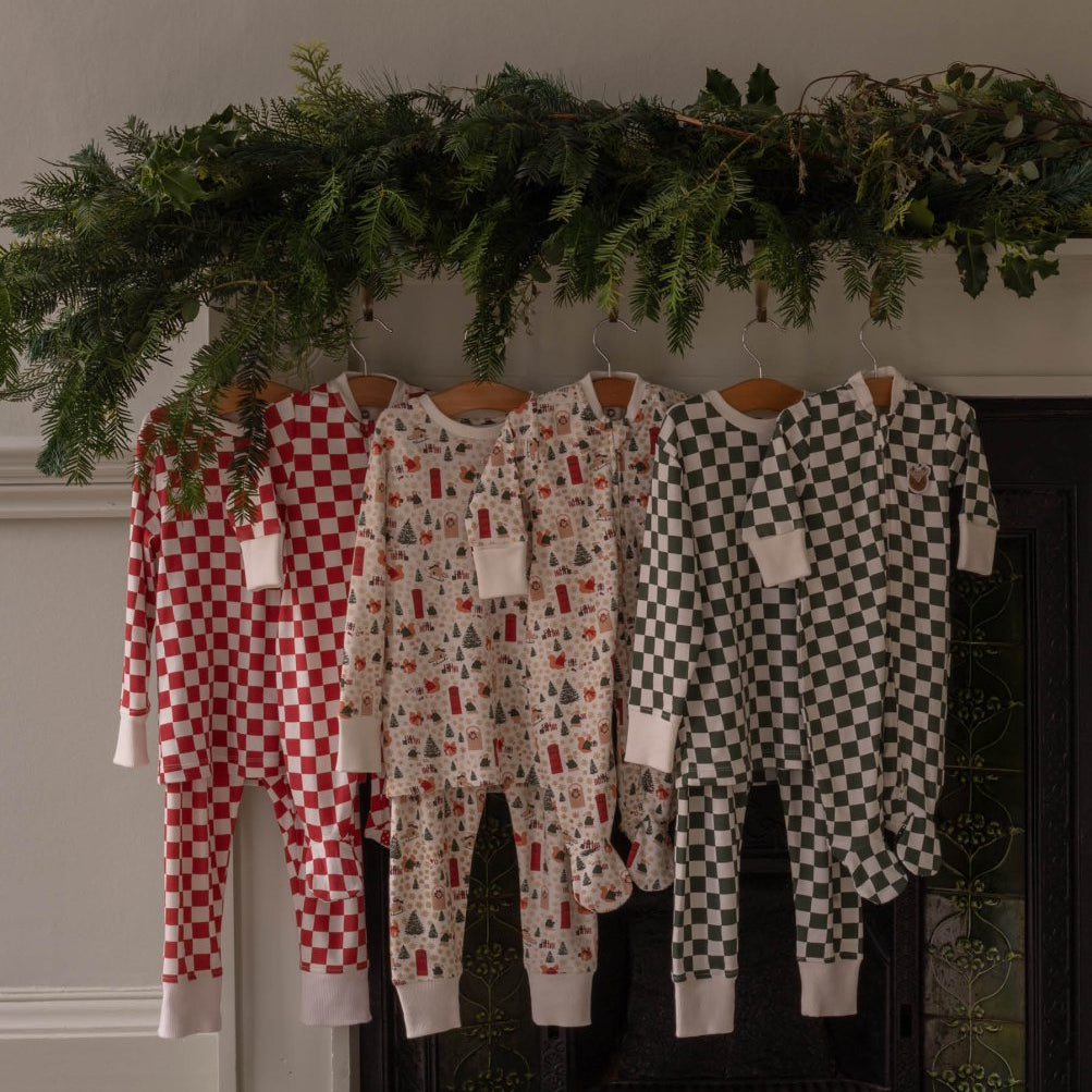 Avery Row Christmas Baby Jersey Sleepsuit - Red Checkerboard – Baby Clothing for children, available at Learning Bugs UK