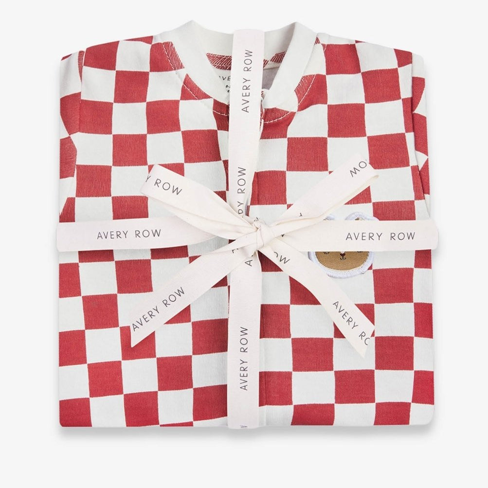 Avery Row Christmas Baby Jersey Sleepsuit - Red Checkerboard – Baby Clothing for children, available at Learning Bugs UK