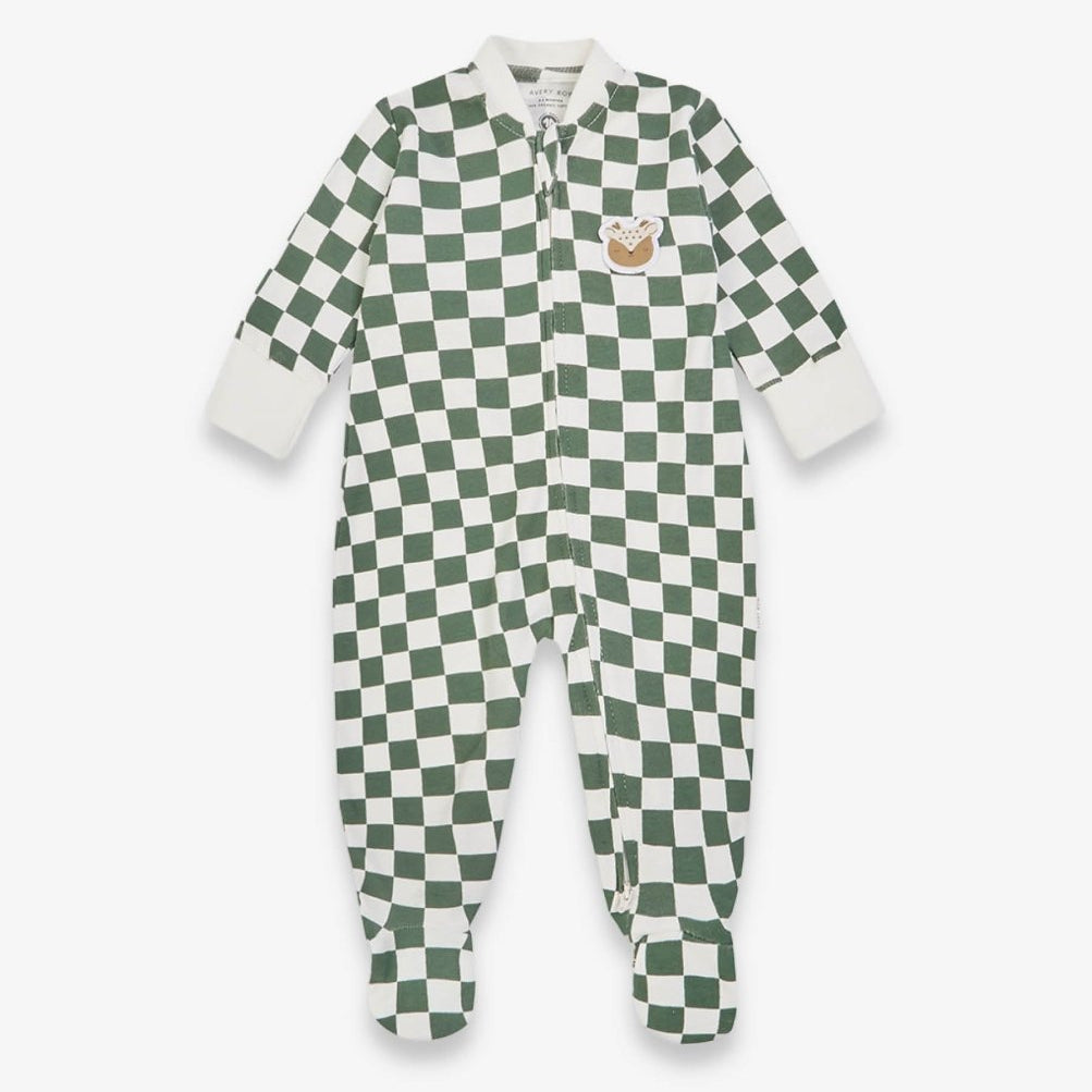 Avery Row Christmas Baby Jersey Sleepsuit - Green Checkerboard – Baby Clothing for children, available at Learning Bugs UK